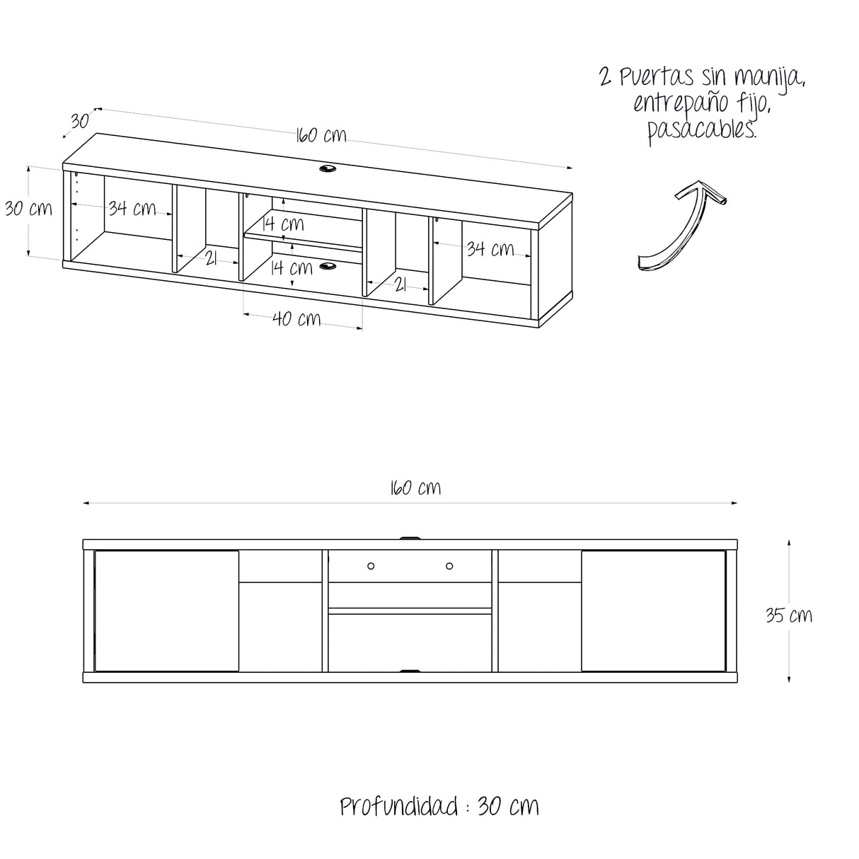 Mesa para TV Flotante Zafiro Blanco y Gales 160x35cm con Dos Cajones y para TV Hasta 65 Pulgadas - MUEBLES DE TV | Bylmo
