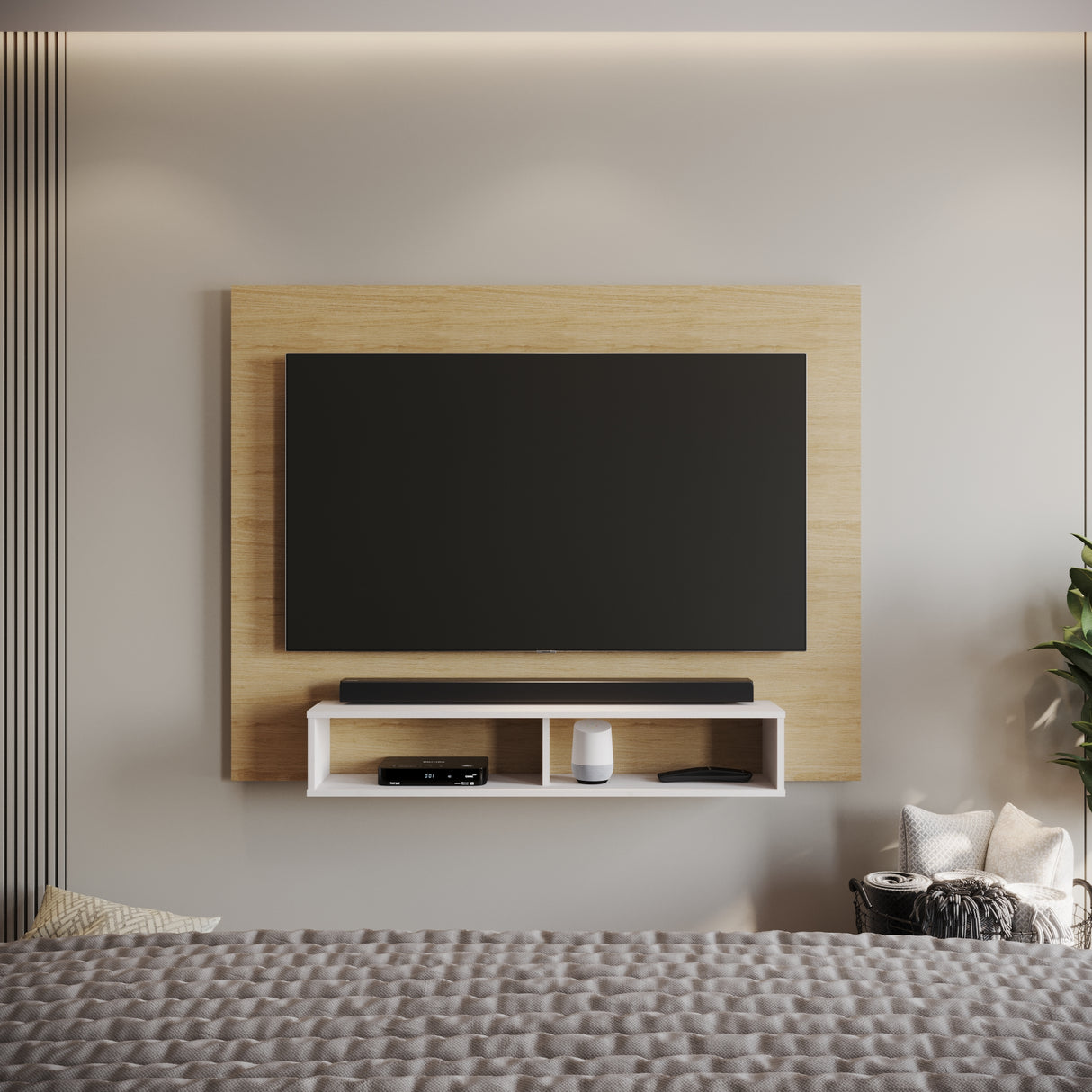 Panel de TV Flotante Rovere y Blanco 150x118cm con Dos Cajones y para TV Hasta 65 Pulgadas - MUEBLES DE TV | Bylmo
