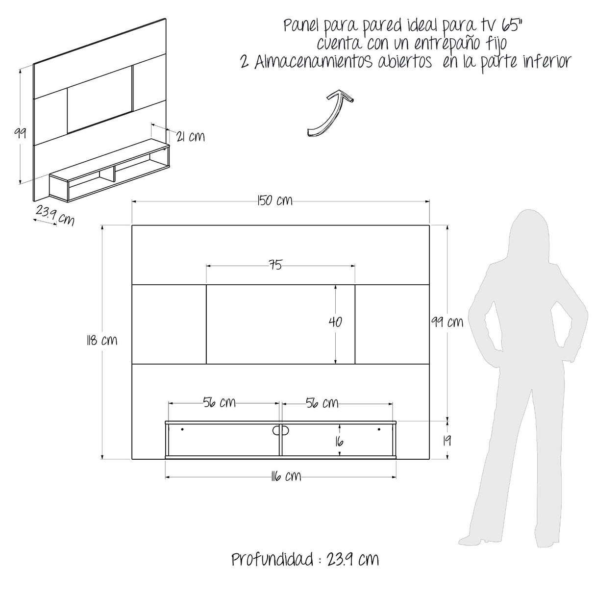 Panel de TV Flotante Rovere y Blanco 150x118cm con Dos Cajones y para TV Hasta 65 Pulgadas - MUEBLES DE TV | Bylmo