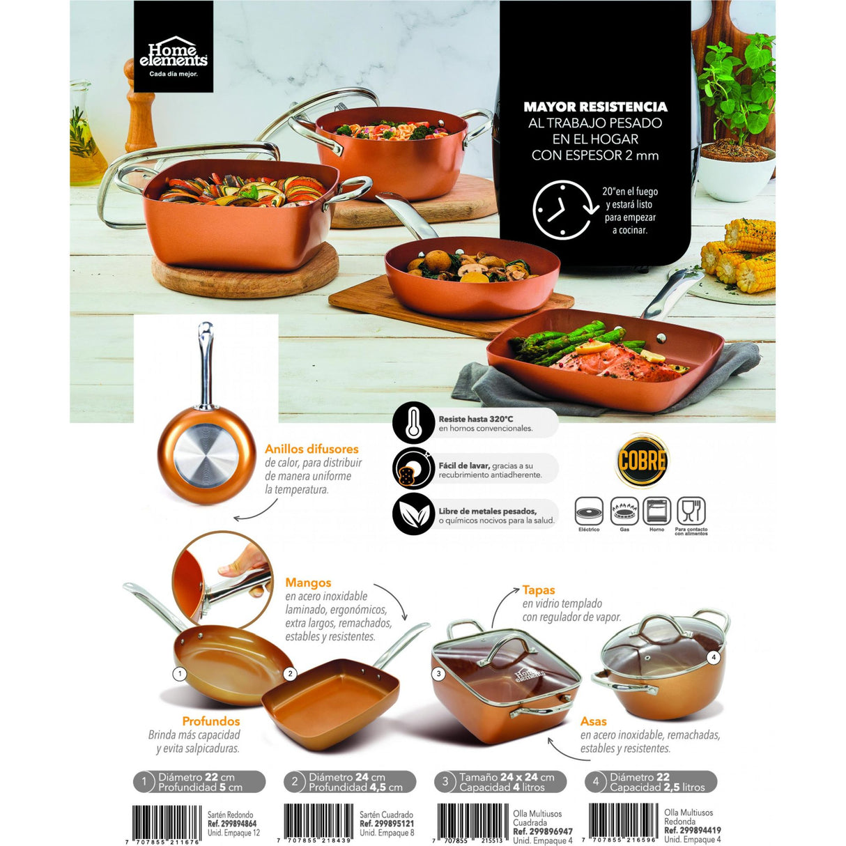 Sarten Cobre 24.5x6cm De 1.2 Litros Apta para Inducción con Mango de Acero Inoxidable - OLLAS Y SARTENES | Bylmo
