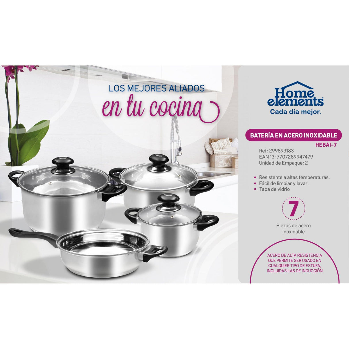 Batería de Cocina Siete Piezas Plateado y Negro 17.5x10cm De 5.2 Litros Apta para Inducción con Mango de Acero Inoxidable - OLLAS Y SARTENES | Bylmo