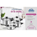 Batería de Cocina Siete Piezas Plateado y Negro 17.5x10cm De 5.2 Litros Apta para Inducción con Mango de Acero Inoxidable - OLLAS Y SARTENES | Bylmo