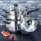 Batería de Cocina Siete Piezas Plateado y Negro 17.5x10cm De 5.2 Litros Apta para Inducción con Mango de Acero Inoxidable - OLLAS Y SARTENES | Bylmo