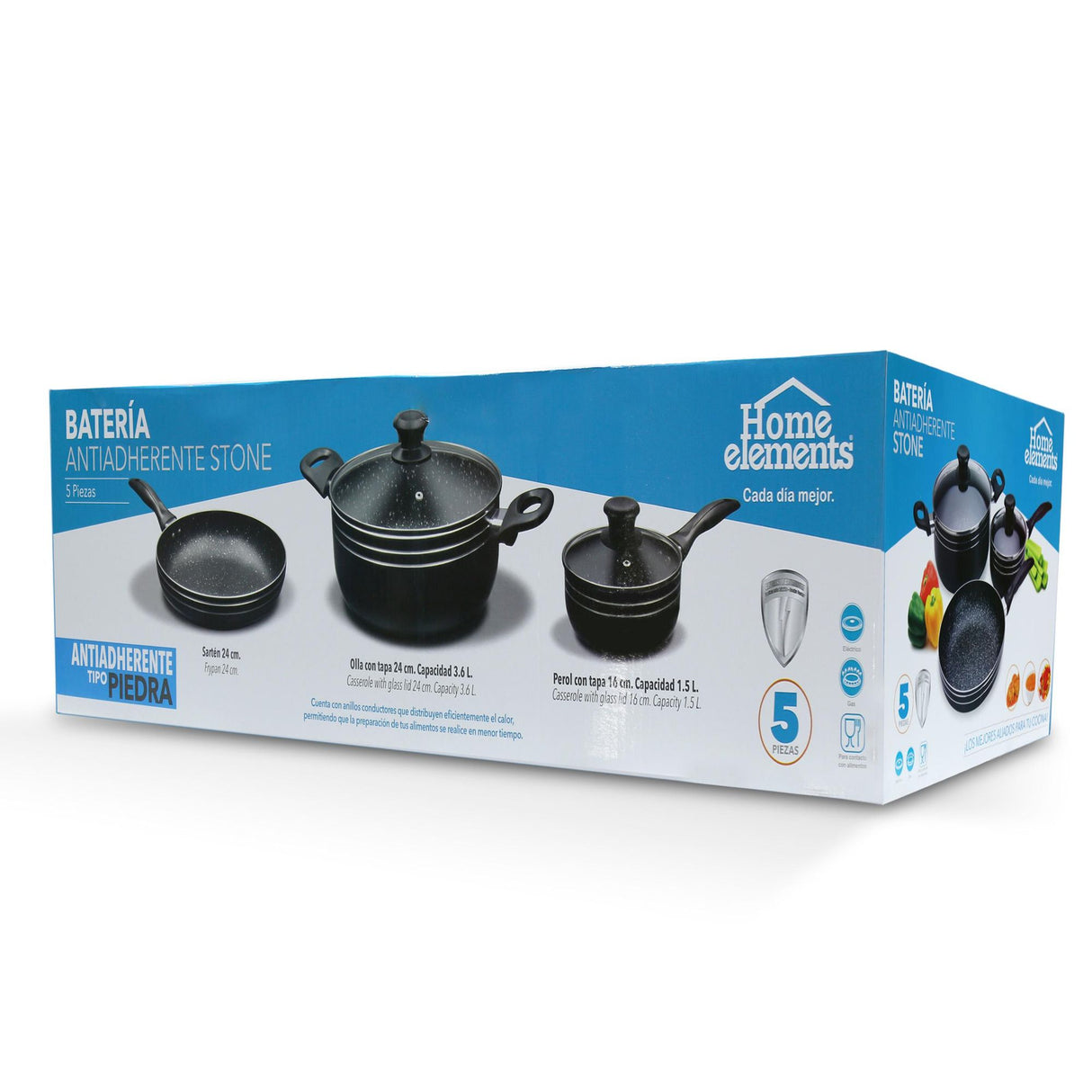 Batería de Cocina Cinco Piezas Negro 24x15cm De 3.6 Litros Apta para Inducción con Mango de Baquelita - OLLAS Y SARTENES | Bylmo