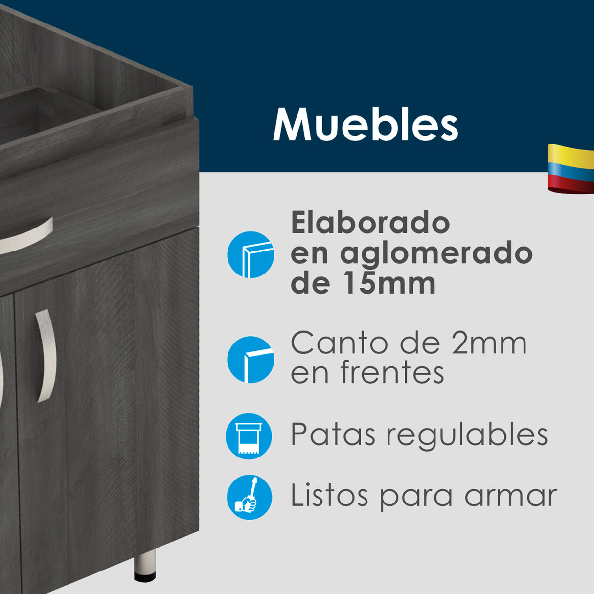 Mueble Inferior de Cocina Ambar Soder 178x86cm sin Mesón sin Estufa y con Organizador de Cubiertos - MUEBLES INFERIORES DE COCINA | Bylmo