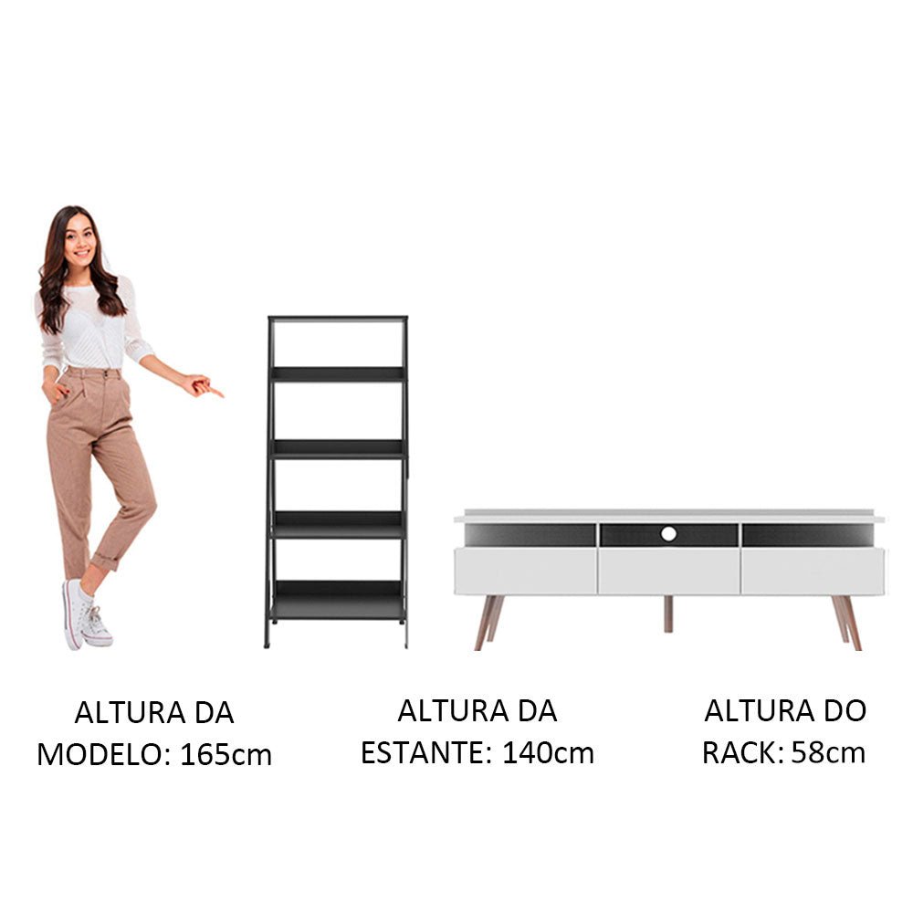Combo Mueble de TV y Biblioteca Londres Blanco y Negro 61x140cm Para TV Hasta 65 Pulgadas con Ranuras para Cables - MUEBLES DE TV | Bylmo