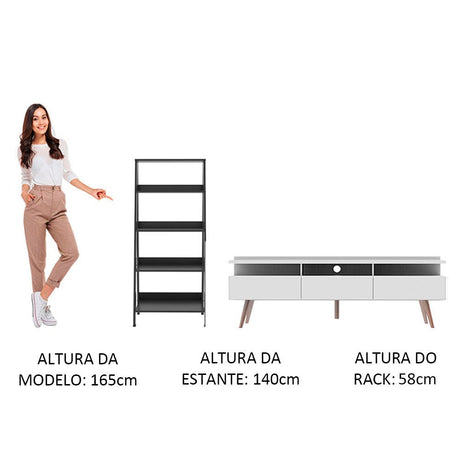 Combo Mueble de TV y Biblioteca Londres Blanco y Negro 61x140cm Para TV Hasta 65 Pulgadas con Ranuras para Cables - MUEBLES DE TV | Bylmo