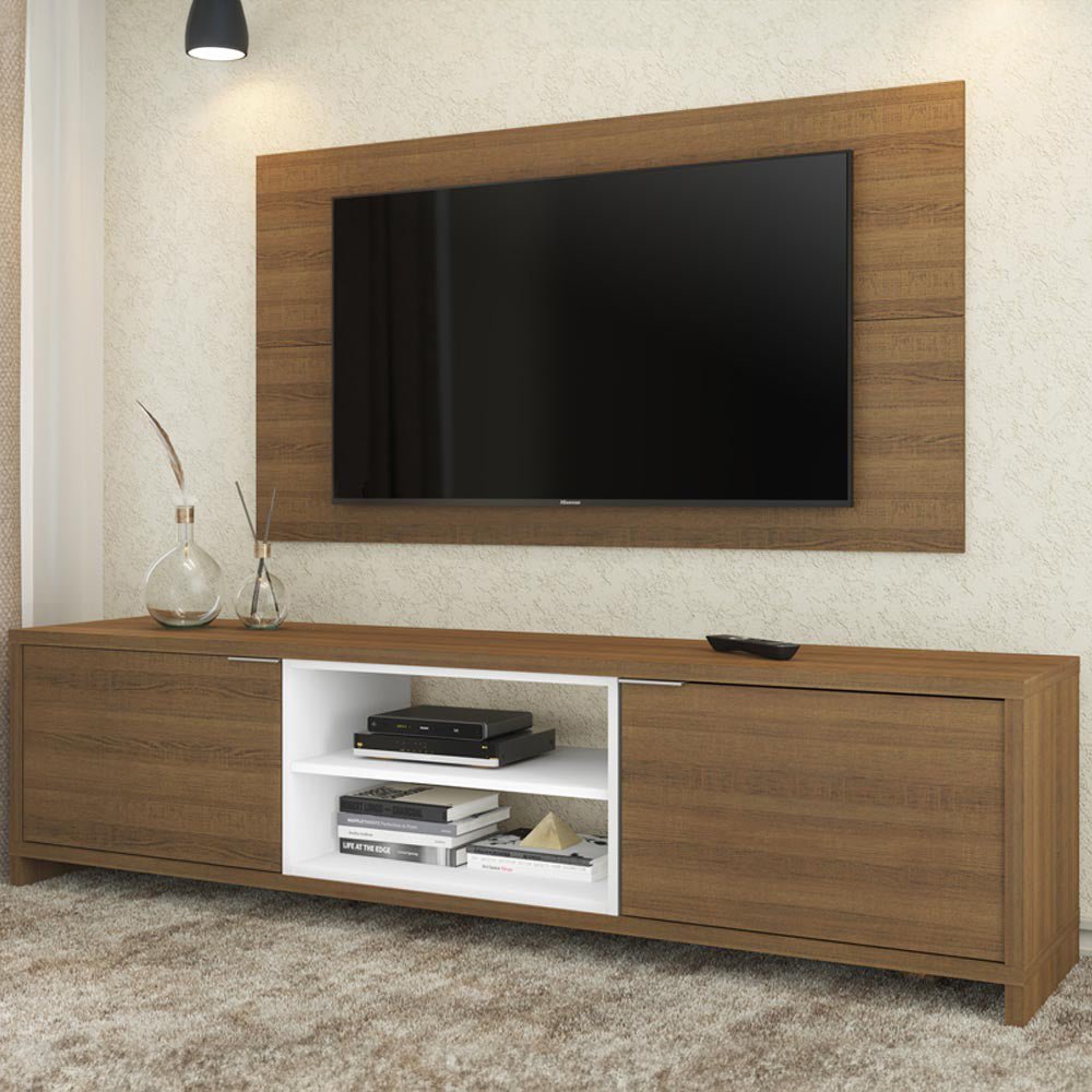 Combo Mueble y Panel de TV Metz Marron y Blanco 180x120cm Para TV Hasta 55 Pulgadas con Ranuras para Cables - MUEBLES DE TV | Bylmo