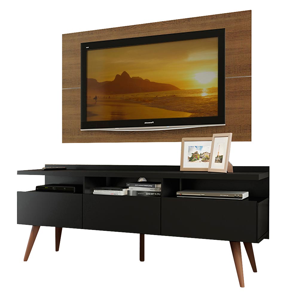 Combo Mueble y Panel de TV Londres Marron y Negro 160x141cm Para TV Hasta 55 Pulgadas con Ranuras para Cables - MUEBLES DE TV | Bylmo