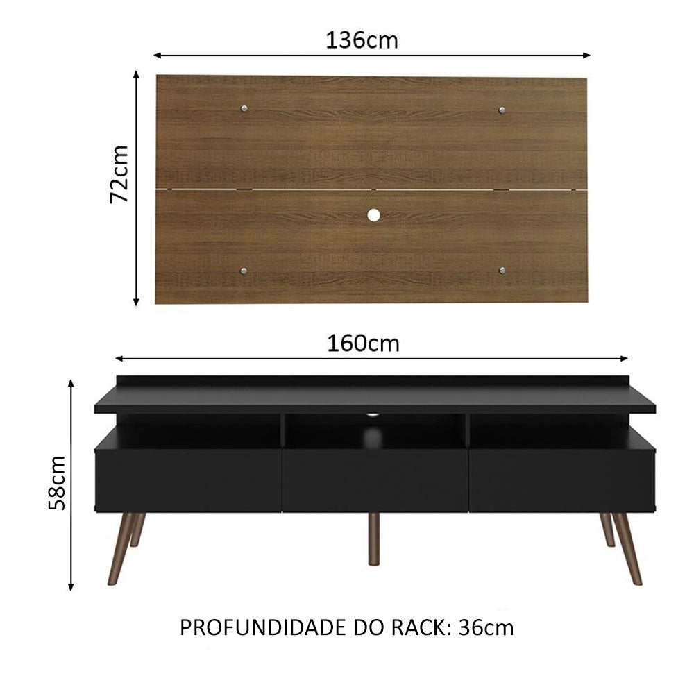 Combo Mueble y Panel de TV Londres Marron y Negro 160x141cm Para TV Hasta 55 Pulgadas con Ranuras para Cables - MUEBLES DE TV | Bylmo