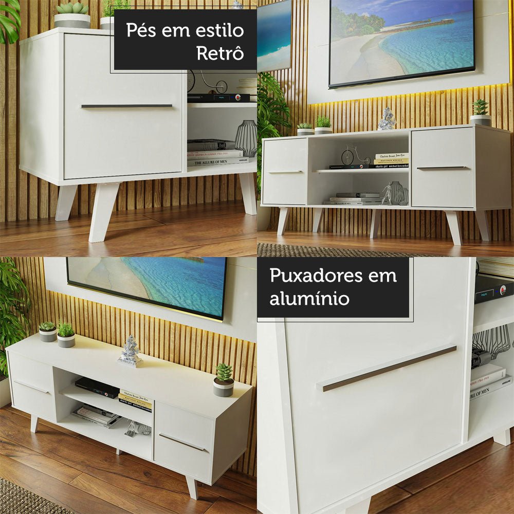 Combo Mueble y Panel de TV Copenhagen Blanco 136x126cm Para TV Hasta 55 Pulgadas con Ranuras para Cables - MUEBLES DE TV | Bylmo