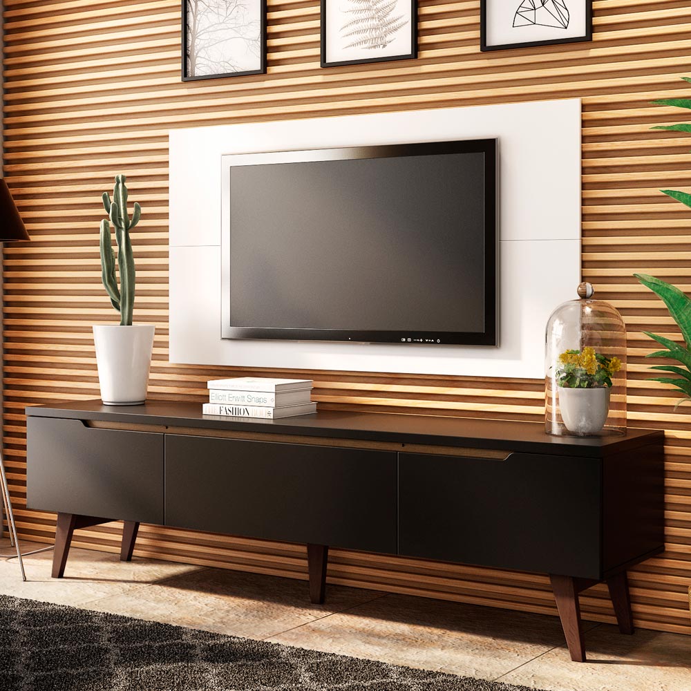 Combo Mueble y Panel de TV Reims Negro y Blanco 180x122cm Para TV Hasta 55 Pulgadas con Ranuras para Cables - MUEBLES DE TV | Bylmo
