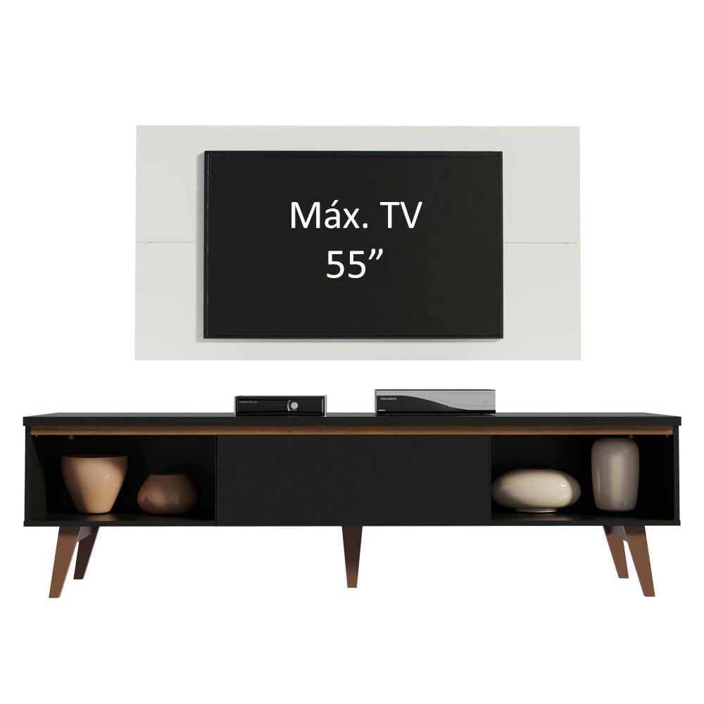Combo Mueble y Panel de TV Reims Negro y Blanco 180x122cm Para TV Hasta 55 Pulgadas con Ranuras para Cables - MUEBLES DE TV | Bylmo