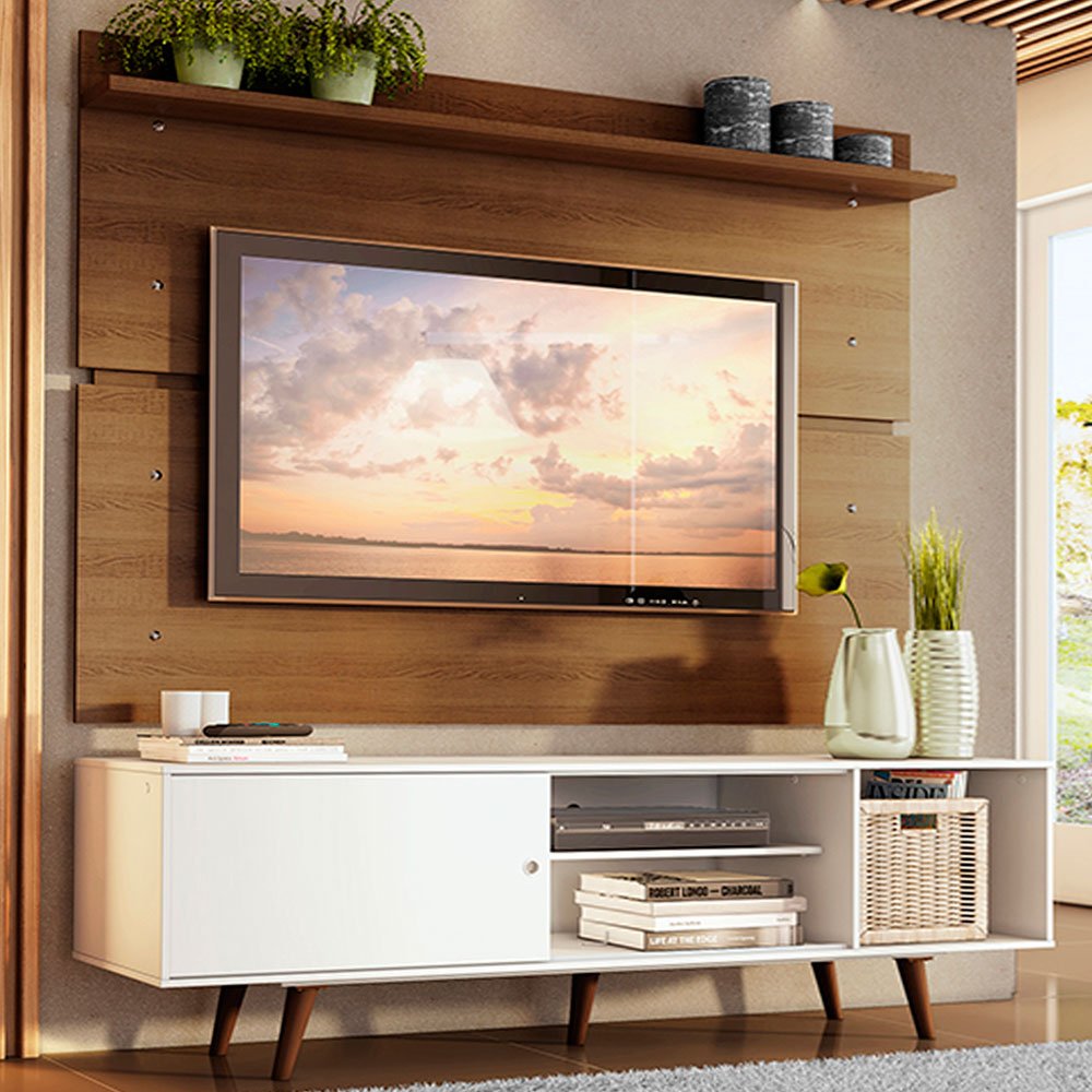 Combo Mueble y Panel de TV Cairo Blanco y Marron 160x191cm Para TV Hasta 65 Pulgadas con Ranuras para Cables - MUEBLES DE TV | Bylmo
