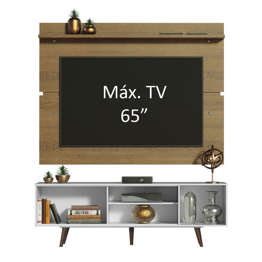 Combo Mueble y Panel de TV Cairo Blanco y Marron 160x191cm Para TV Hasta 65 Pulgadas con Ranuras para Cables - MUEBLES DE TV | Bylmo
