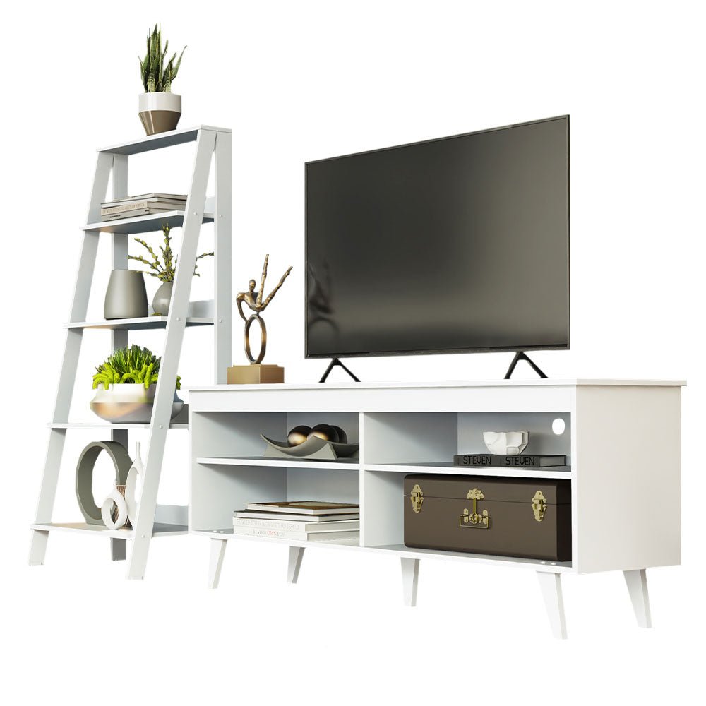 Combo Mueble de TV y Biblioteca Udine Blanco 150x58cm Para TV Hasta 65 Pulgadas con Ranuras para Cables - MUEBLES DE TV | Bylmo