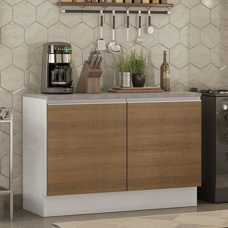 Mueble Inferior de Cocina Glamy Blanco y Marron 120x84cm con Mesón de Madera y sin Estufa con 3 Entrepaños - MUEBLES INFERIORES DE COCINA | Bylmo