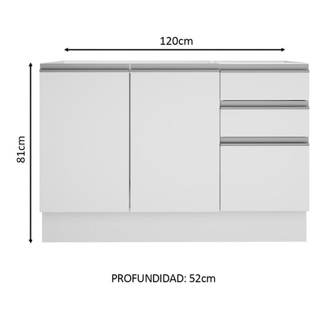 Mueble Inferior de Cocina Glamy Blanco 120x81cm sin Mesón y sin Estufa con 3 Cajones - MUEBLES INFERIORES DE COCINA | Bylmo