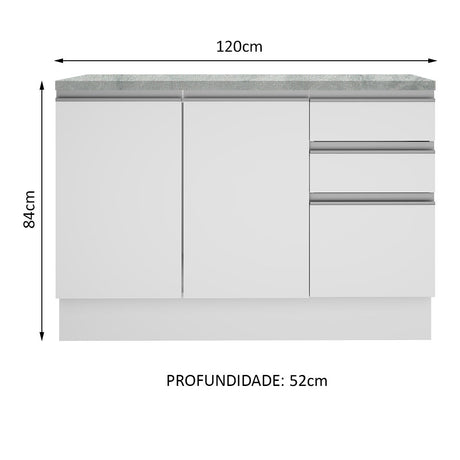 Mueble Inferior de Cocina Glamy Blanco 120x84cm con Mesón de Madera y sin Estufa con 3 Cajones - MUEBLES INFERIORES DE COCINA | Bylmo