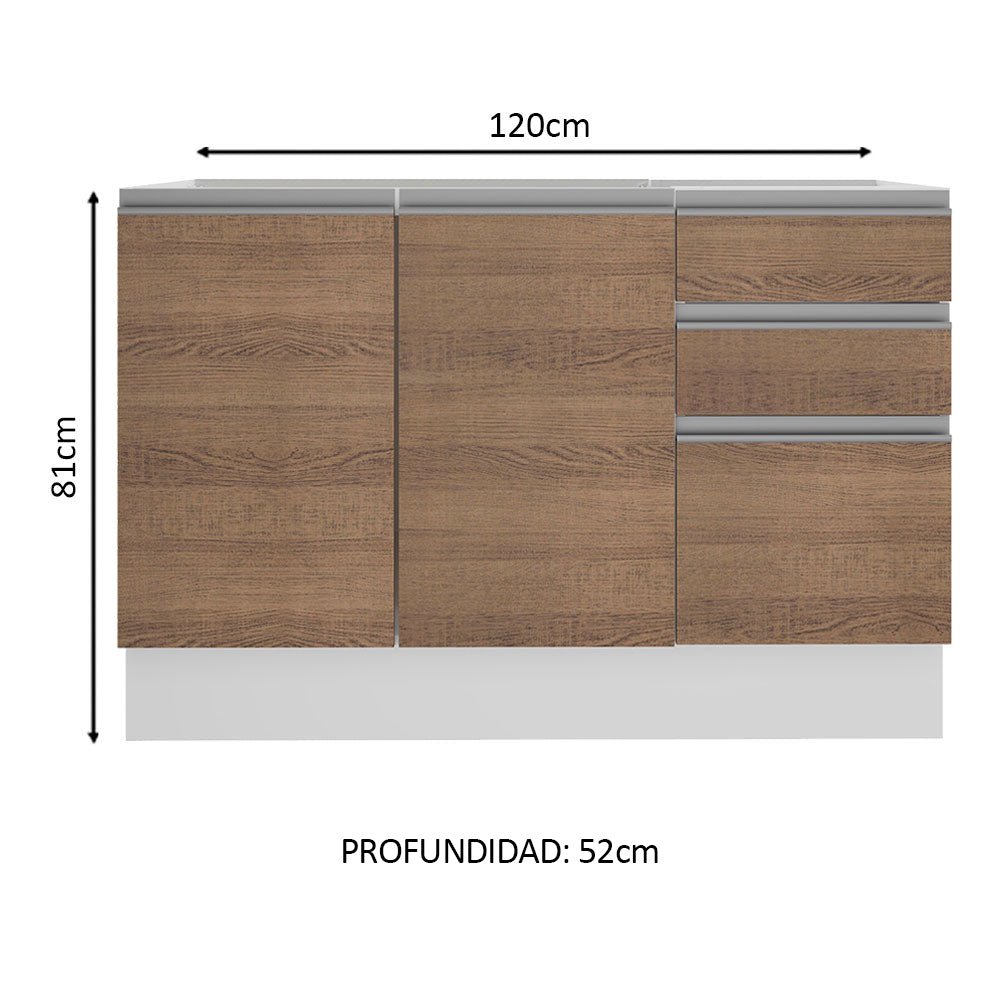 Mueble Inferior de Cocina Glamy Blanco y Marron 120x81cm sin Mesón y sin Estufa con 3 Cajones - MUEBLES INFERIORES DE COCINA | Bylmo