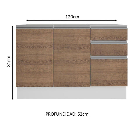 Mueble Inferior de Cocina Glamy Blanco y Marron 120x81cm sin Mesón y sin Estufa con 3 Cajones - MUEBLES INFERIORES DE COCINA | Bylmo
