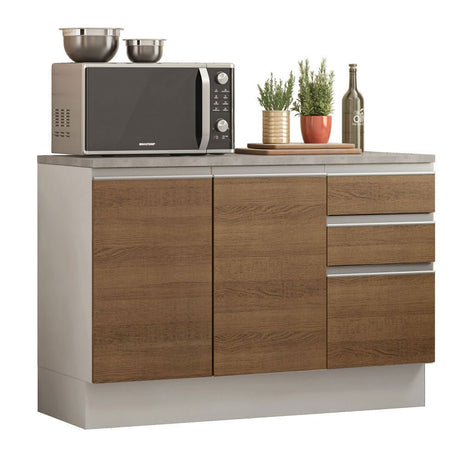 Mueble Inferior de Cocina Glamy Blanco y Marron 120x84cm con Mesón de Madera y sin Estufa con 3 Cajones - MUEBLES INFERIORES DE COCINA | Bylmo