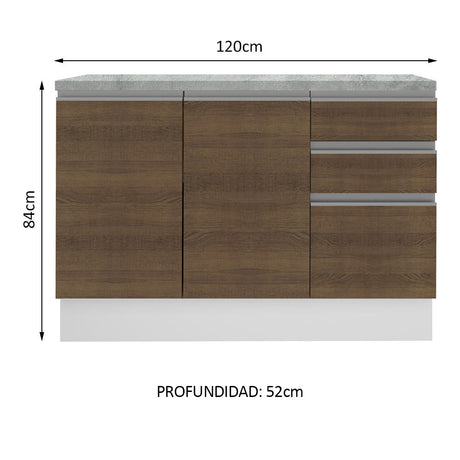 Mueble Inferior de Cocina Glamy Blanco y Marron 120x84cm con Mesón de Madera y sin Estufa con 3 Cajones - MUEBLES INFERIORES DE COCINA | Bylmo
