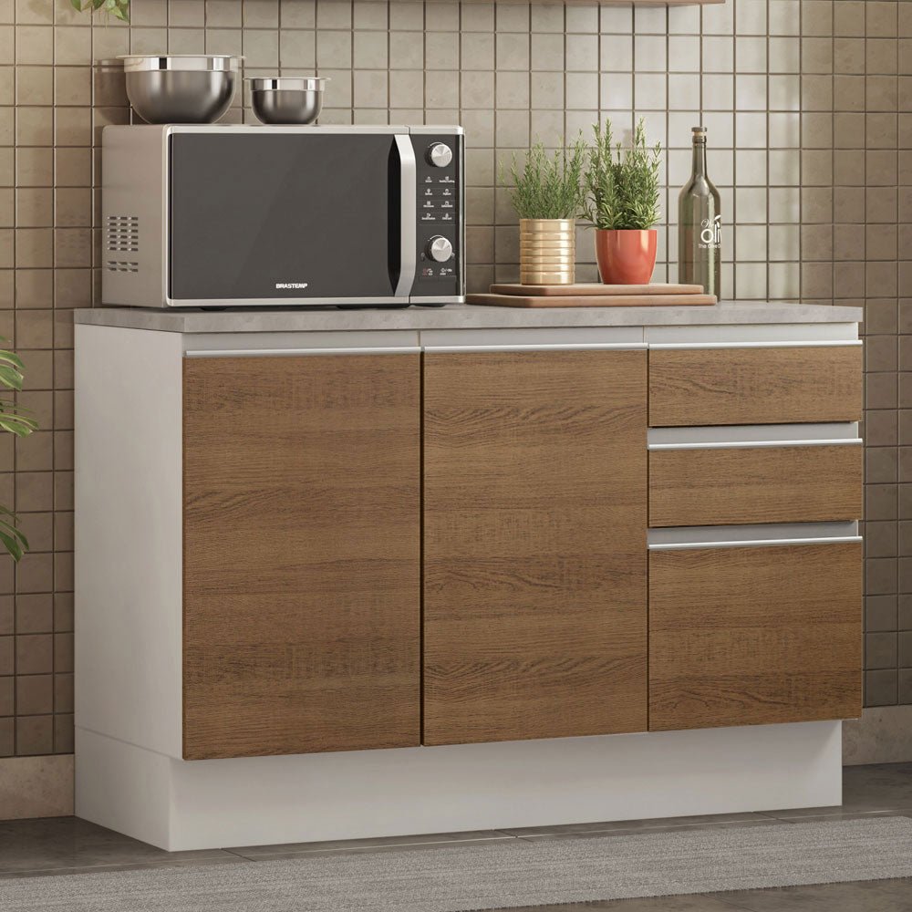Mueble Inferior de Cocina Glamy Blanco y Marron 120x84cm con Mesón de Madera y sin Estufa con 3 Cajones - MUEBLES INFERIORES DE COCINA | Bylmo