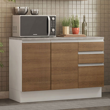 Mueble Inferior de Cocina Glamy Blanco y Marron 120x84cm con Mesón de Madera y sin Estufa con 3 Cajones - MUEBLES INFERIORES DE COCINA | Bylmo