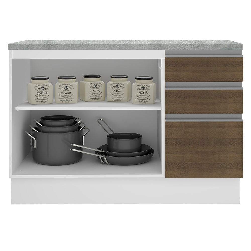 Mueble Inferior de Cocina Glamy Blanco y Marron 120x84cm con Mesón de Madera y sin Estufa con 3 Cajones - MUEBLES INFERIORES DE COCINA | Bylmo