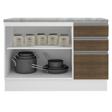 Mueble Inferior de Cocina Glamy Blanco y Marron 120x84cm con Mesón de Madera y sin Estufa con 3 Cajones - MUEBLES INFERIORES DE COCINA | Bylmo