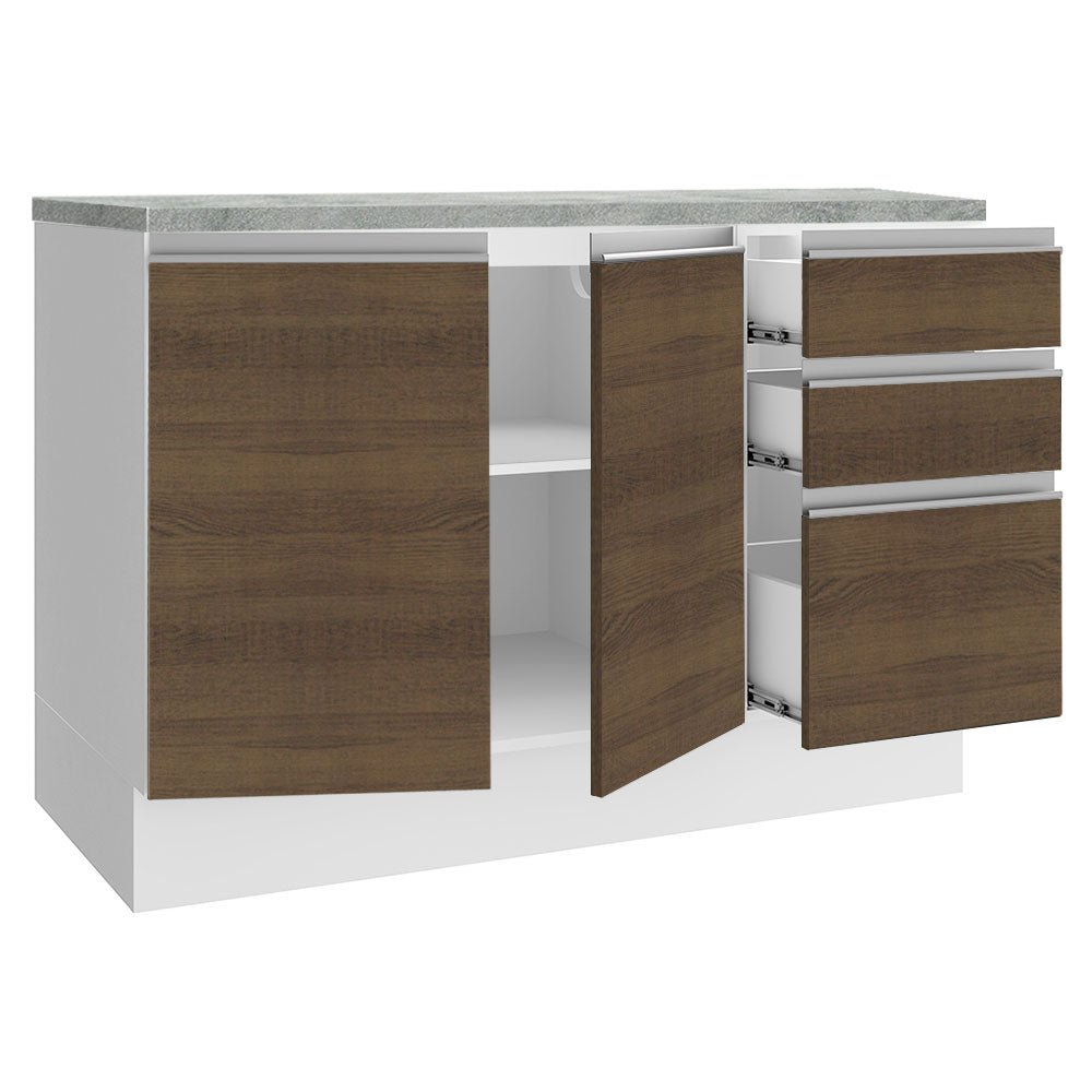 Mueble Inferior de Cocina Glamy Blanco y Marron 120x84cm con Mesón de Madera y sin Estufa con 3 Cajones - MUEBLES INFERIORES DE COCINA | Bylmo