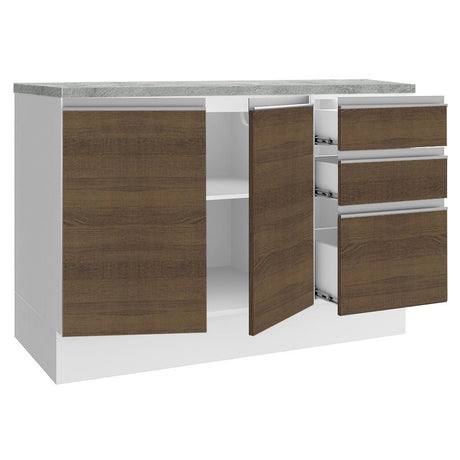 Mueble Inferior de Cocina Glamy Blanco y Marron 120x84cm con Mesón de Madera y sin Estufa con 3 Cajones - MUEBLES INFERIORES DE COCINA | Bylmo