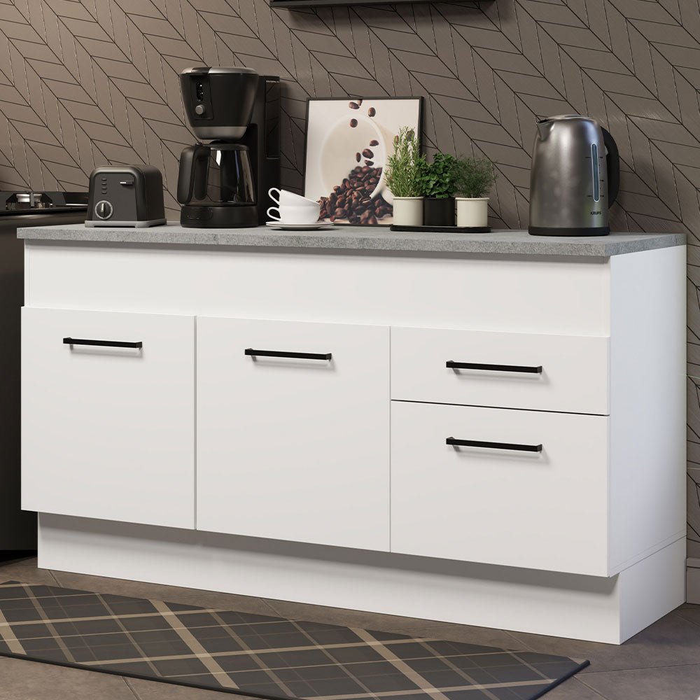 Mueble Inferior de Cocina Agata Blanco 150x84cm con Mesón de Madera y sin Estufa con 2 Cajones - MUEBLES INFERIORES DE COCINA | Bylmo
