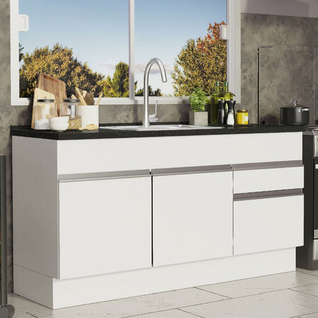 Mueble Inferior de Cocina Glamy Blanco 150x81cm con Mesón de Madera y sin Estufa con 2 Cajones - MUEBLES INFERIORES DE COCINA | Bylmo