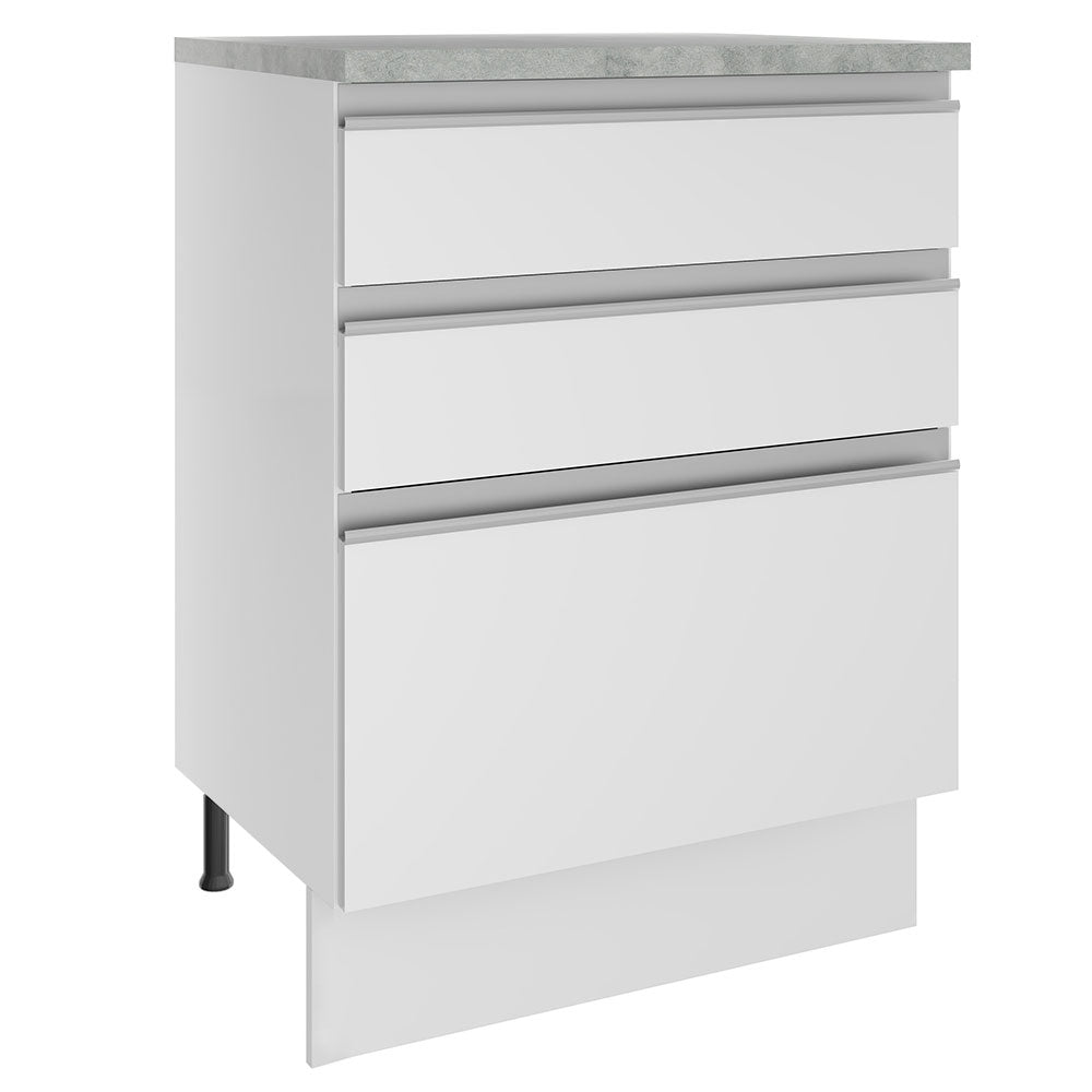Mueble Inferior de Cocina Glamy Blanco 60x84cm con Mesón de Madera y sin Estufa con 3 Cajones - MUEBLES INFERIORES DE COCINA | Bylmo