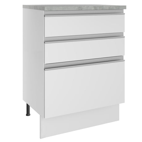 Mueble Inferior de Cocina Glamy Blanco 60x84cm con Mesón de Madera y sin Estufa con 3 Cajones - MUEBLES INFERIORES DE COCINA | Bylmo