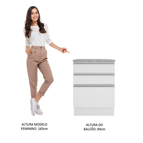 Mueble Inferior de Cocina Glamy Blanco 60x84cm con Mesón de Madera y sin Estufa con 3 Cajones - MUEBLES INFERIORES DE COCINA | Bylmo