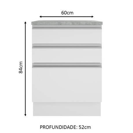 Mueble Inferior de Cocina Glamy Blanco 60x84cm con Mesón de Madera y sin Estufa con 3 Cajones - MUEBLES INFERIORES DE COCINA | Bylmo