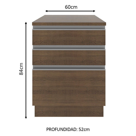 Mueble Inferior de Cocina Glamy Marron 60x84cm con Mesón de Madera y sin Estufa con 3 Cajones - MUEBLES INFERIORES DE COCINA | Bylmo