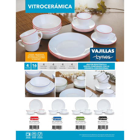 Juego de Vajillas de 16 Piezas Vitrocerámica Blanco y rojo 24x2.5cm para Cuatro Puestos con Acabado Brillante - VAJILLA | Bylmo