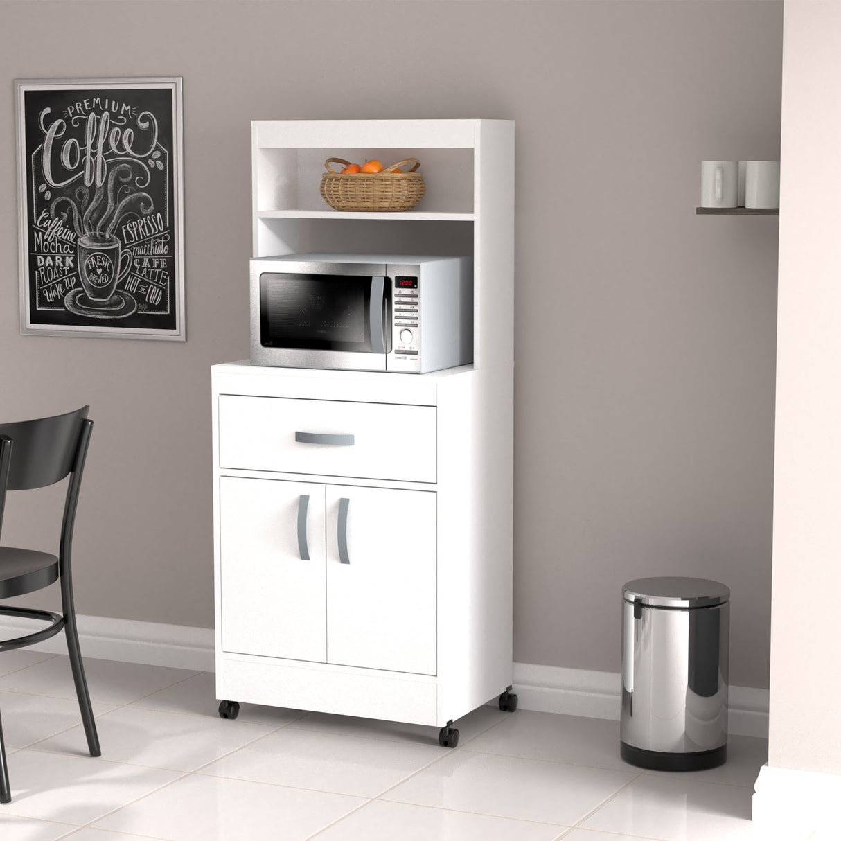 Gabinete de Cocina Blanco 60x143cm con Un Cajón con Espacio para Microondas y con Ruedas - ALACENAS Y MUEBLES MICROONDAS | Bylmo