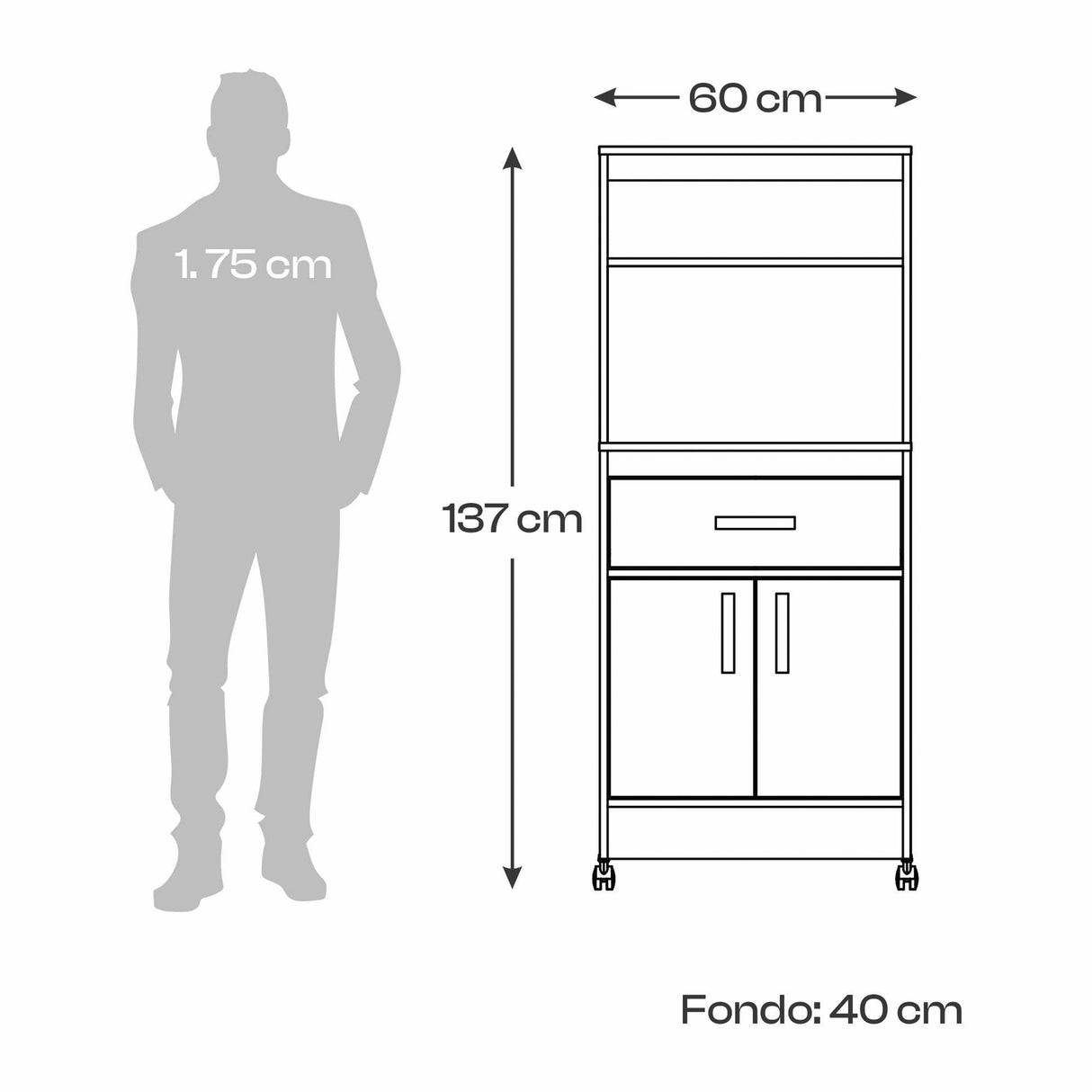 Gabinete de Cocina Blanco 60x143cm con Un Cajón con Espacio para Microondas y con Ruedas - ALACENAS Y MUEBLES MICROONDAS | Bylmo