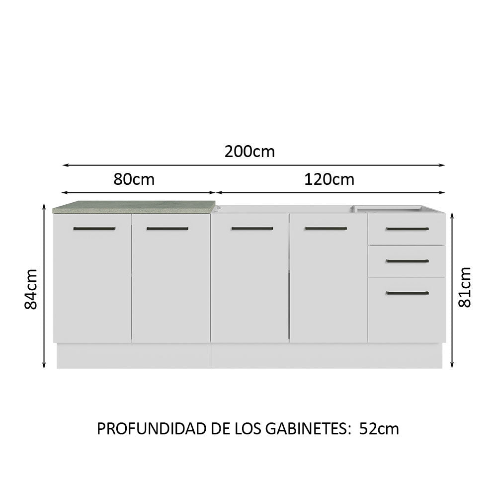 Set X 2 Muebles Inferiores de Cocina Agata Blanco 200x84cm sin Mesón sin Estufa y con Tres Cajones - MUEBLES INFERIORES DE COCINA | Bylmo