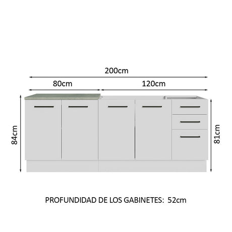 Set X 2 Muebles Inferiores de Cocina Agata Blanco 200x84cm sin Mesón sin Estufa y con Tres Cajones - MUEBLES INFERIORES DE COCINA | Bylmo