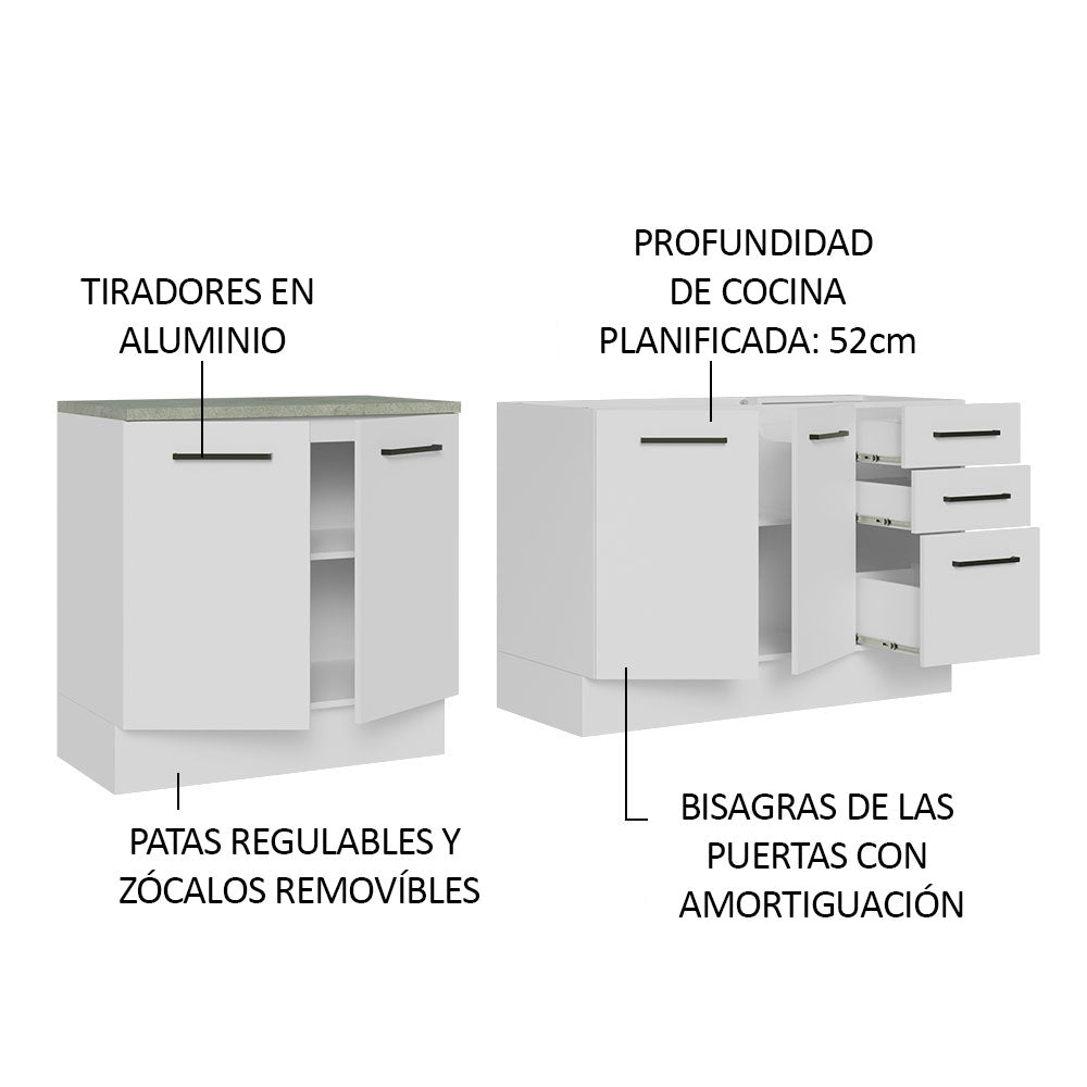 Set X 2 Muebles Inferiores de Cocina Agata Blanco 200x84cm sin Mesón sin Estufa y con Tres Cajones - MUEBLES INFERIORES DE COCINA | Bylmo