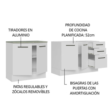 Set X 2 Muebles Inferiores de Cocina Agata Blanco 200x84cm sin Mesón sin Estufa y con Tres Cajones - MUEBLES INFERIORES DE COCINA | Bylmo