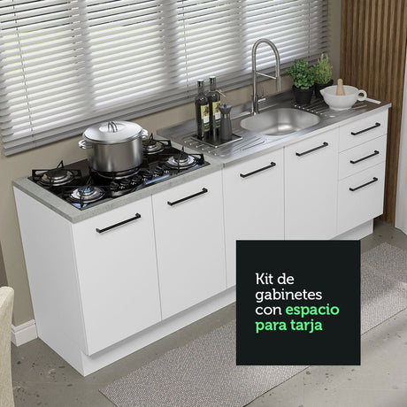 Set X 2 Muebles Inferiores de Cocina Agata Blanco 200x84cm sin Mesón sin Estufa y con Tres Cajones - MUEBLES INFERIORES DE COCINA | Bylmo