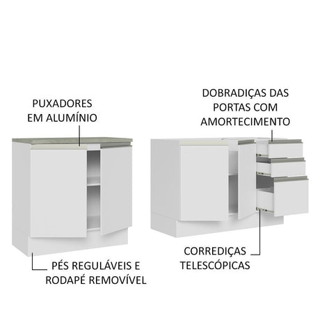 Set X 2 Muebles Inferiores de Cocina Glamy Blanco 200x84cm sin Mesón sin Estufa y con Tres Cajones - MUEBLES INFERIORES DE COCINA | Bylmo