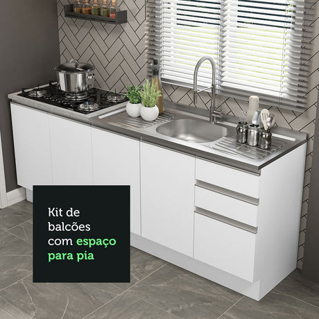 Set X 2 Muebles Inferiores de Cocina Glamy Blanco 200x84cm sin Mesón sin Estufa y con Tres Cajones - MUEBLES INFERIORES DE COCINA | Bylmo
